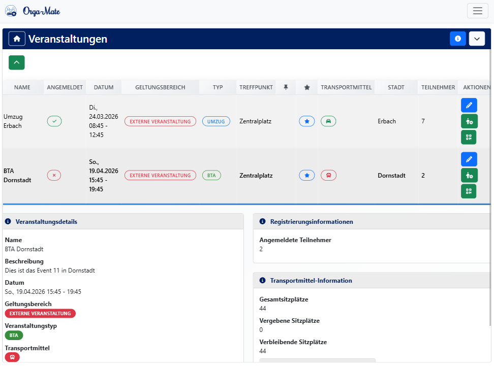 Veranstaltungsübersicht mit Details