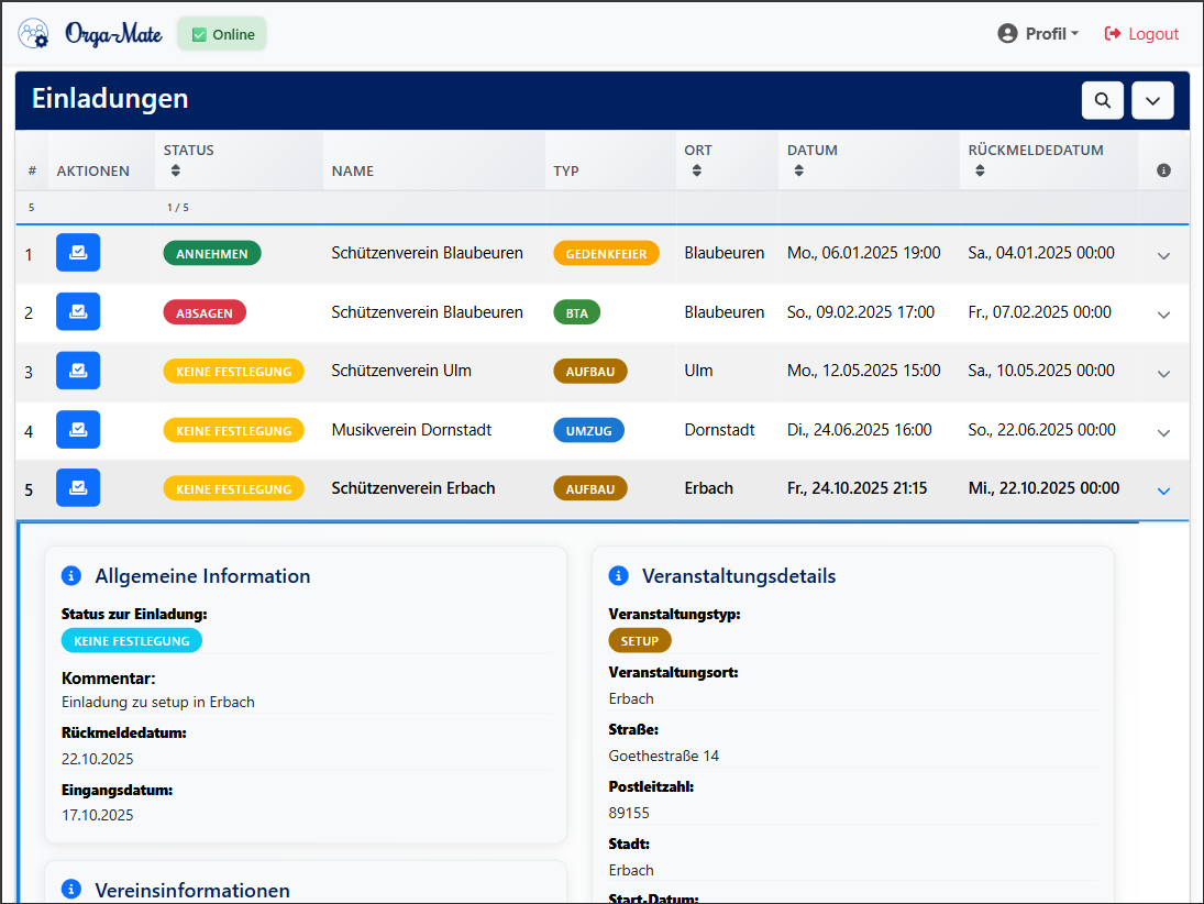 Einladungen verwalten und abstimmen