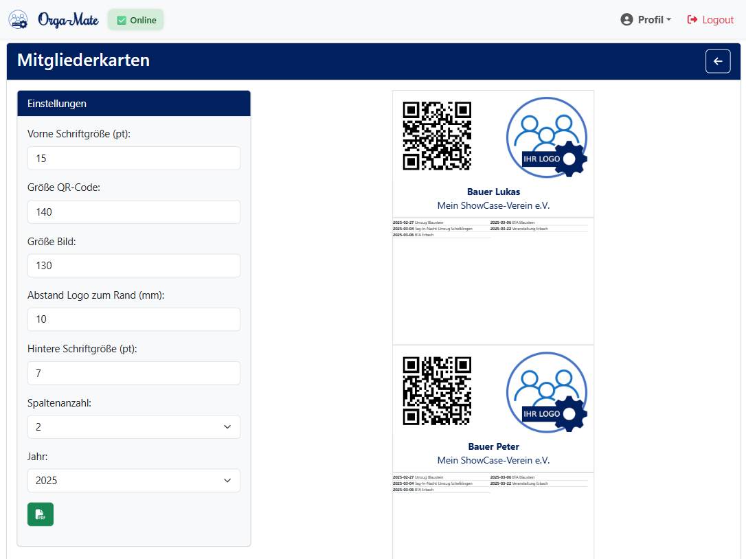 Mitgliederkarten mit QR-Code und Umzugsplan